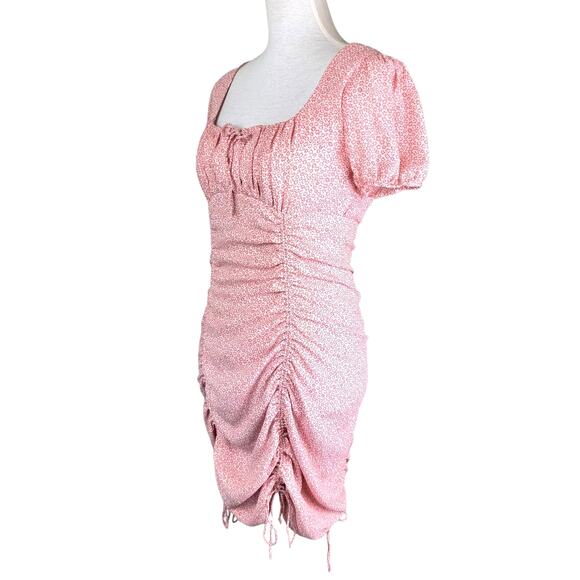 Native Daughters Red Pink Micro Floral Print Babydoll Ruched Dainty Mini Dress - Picture 2 of 10